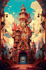 Strange colorful fantastic town mythical city with colorful houses generative AI illustration. Fairy tale fantasy adventure concept