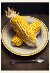 Boiled corn on a plate. AI Generated