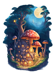 Magic mushrooms house in the forest, fairytale flat sticker illustration isolated on white.