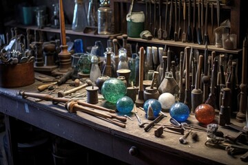 glassblowers tools arranged on a workbench, created with generative ai