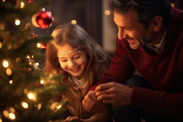 Father and daughter as they carefully hang ornaments on a Christmas tree