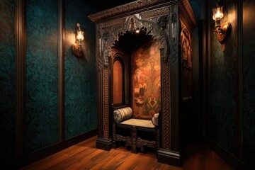 Fototapeta na wymiar confessional booth with ornate wooden carving, created with generative ai