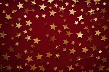 Fototapeta premium Elegant golden Christmas stars forming a beautiful pattern on a deep red backdrop, perfect for holiday themed designs