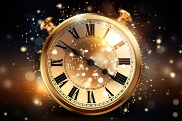 Fototapeta na wymiar Happy New Year background with a stylish clock and sparkling gold accents, symbolizing the anticipation of the upcoming year