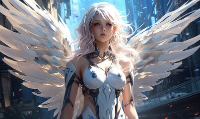 Anime girl with white hair and wings standing in the futuristic city. ZDigital artwork created with generative AI.
