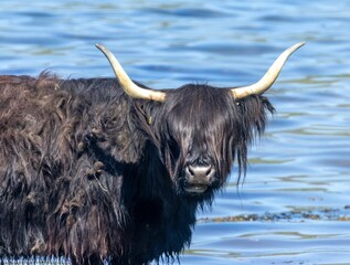 Black Scottish highland cow standing in the water