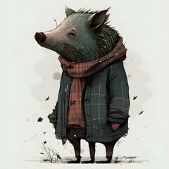 wild boar character brutal impudent piercing tattoo hipster tall lanky in a human winter sweater a shirt and a scarf around the neck a threequarter turn of the hands in the pockets in the third  - obrazy, fototapety, plakaty