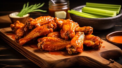 sauced buffalo chicken wings on wooden board with celery Generative AI