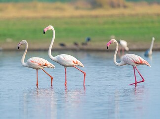 Large group of vibrant pink flamingos wading through the still waters of a scenic pond