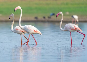Large group of vibrant pink flamingos wading through the still waters of a scenic pond