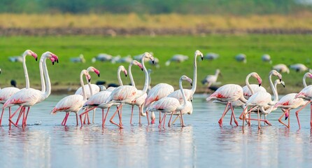 Large group of vibrant pink flamingos wading through the still waters of a scenic pond © Mahadev Patil/Wirestock Creators