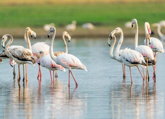 Line of pink flamingos standing in a row along the edge of a tranquil body of water