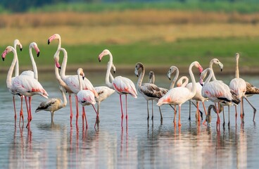 Line of pink flamingos standing in a row along the edge of a tranquil body of water