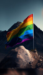 Pride Rainbow Flag Waving High on Mountain Peak