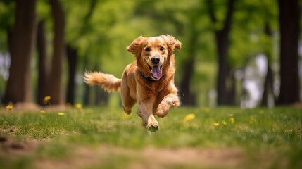 golden retriever playing and running in park Generative AI - obrazy, fototapety, plakaty