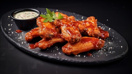 Hot and spicy bbq chicken wings with dip and hot sauce on black stone plate Generative AI