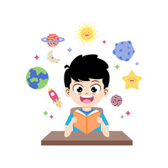 Happy cute kid boy study planet and science