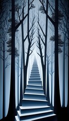 dark forest white fluorescent pyramid staircase made of pure light 