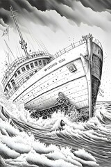 white ship washed ashore by storm an accident waiting to happen detailed accident damage to the hull dents on the hull holes full size Coloring page for adults10 Hand draw pencil sketch Black and 