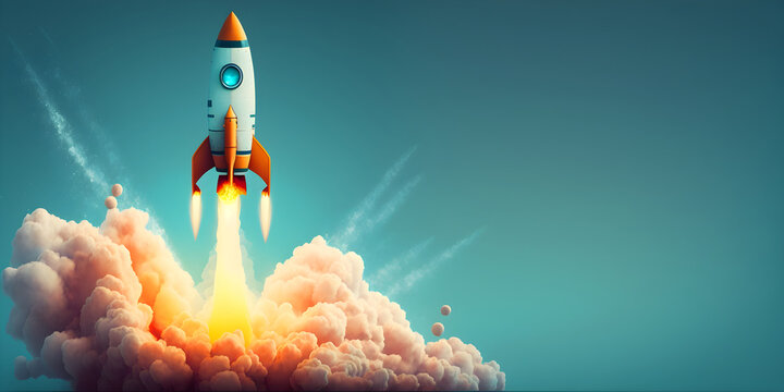 Rocket launch into space, wide banner with copy space, concept of business startup, growth, website or project design, generative ai