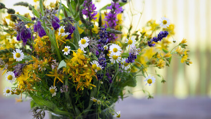 A bouquet full of medicinal herbs and flowers collected in summer for alternative medicine products