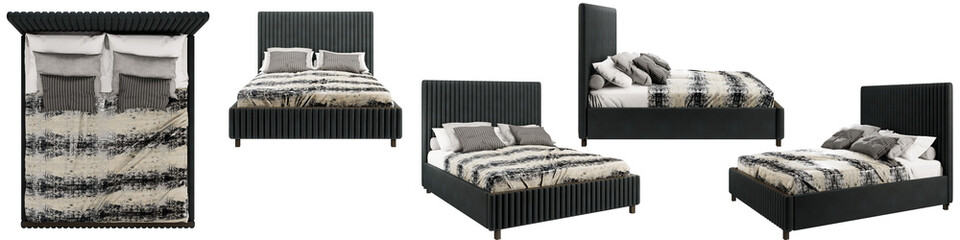  Bed, Bedroom, isometric bed, bed with pillows mockup, top view, font view, side view, isolated,perspective, rendering