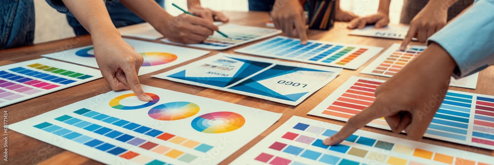 Poster graphic designer brainstorm logo and graphic art at busy creative studio workshop. experiment and br