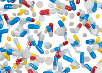 pills falling down, trendy levitation illustration created with generative ai technology