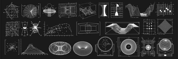 Wireframe of geometric shapes. 3D retro futuristic blueprints of spheres, waves, diagram, graphs. Vector set of graphics for design - obrazy, fototapety, plakaty