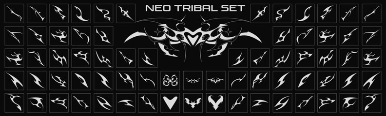 Neo tribal shape. Gothic Y2K sharp elements, abstract symmetrical design, various decorative elements. Vector set - obrazy, fototapety, plakaty