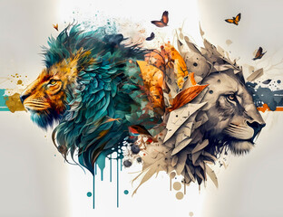 Two Lions head with double exposure vibrant effect, Generative AI	