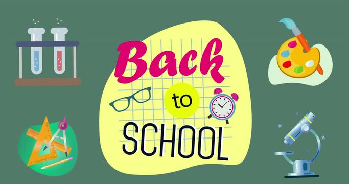 Animation of back to school text and school icons on green background