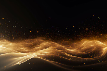 Digital Gold Particles Wave and light abstract background with shining floor particle stars dust. Futuristic glittering Luxury golden sparkling on black background