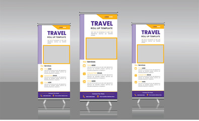  tour and travel roll-up banner for business or travel with a place for photos and information. Editable vector illustration

