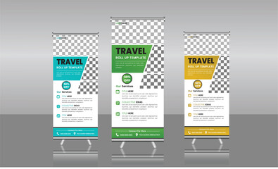  tour and travel roll-up banner for business or travel with a place for photos and information. Editable vector illustration

