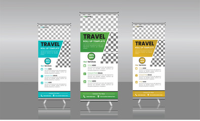  tour and travel roll-up banner for business or travel with a place for photos and information. Editable vector illustration


