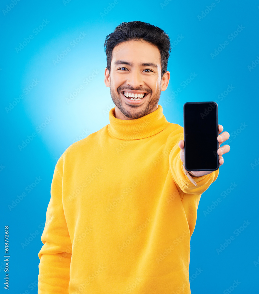 Poster marketing, portrait of man with smartphone and blue background happy for online communication. tech 