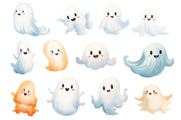 Watercolor cute little ghost characters. Halloween.