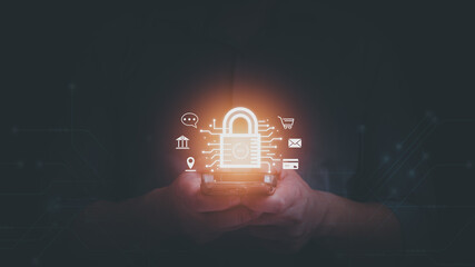Business man typing on mobile phone with shield and lock icon. Security protection on smartphone application, mobile banking application concept.