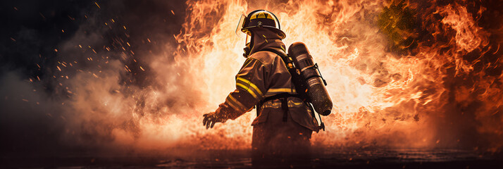 fireman using water and extinguisher to fighting with fire flame in an emergency situation., under danger situation all firemen wearing fire fighter suit for safety