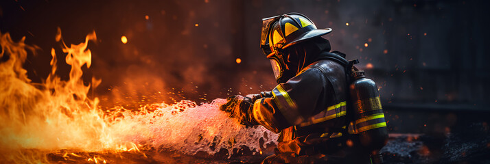 fireman using water and extinguisher to fighting with fire flame in an emergency situation., under danger situation all firemen wearing fire fighter suit for safety
