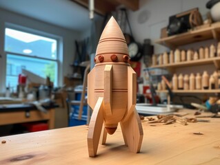 AI generated illustration of a handcrafted wooden toy rocket atop a wooden table in a wood workshop