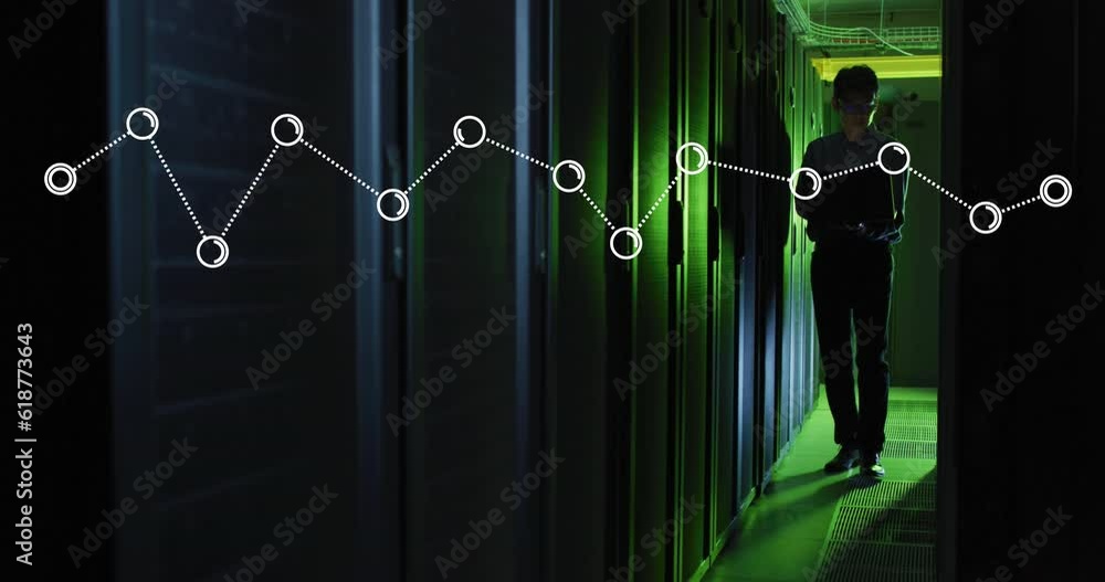 Poster animation of data processing over asian male it technician with laptop and computer servers