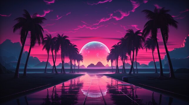 Synthwave Sunset with Coconut Tree