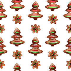 Watercolor cute gingerbread Christmas tree pattern design, seamless digital paper.