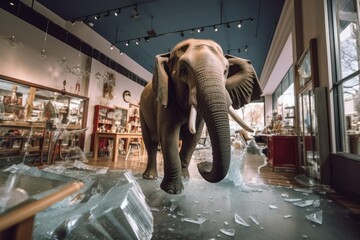 An elephant in a glass shop. He knocks over the glassware as he maneuvers. Generative AI 4