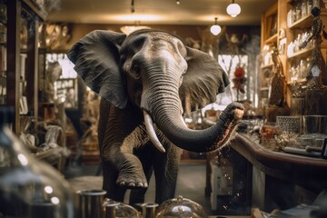 Fototapeta na wymiar An elephant in a glass shop. He knocks over the glassware as he maneuvers