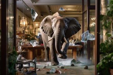 Fototapeta na wymiar An elephant in a glass shop. He knocks over the glassware as he maneuvers