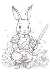 Obraz na płótnie Canvas Rabbit warrior holding a sword. Colouring book for kids. AI generated