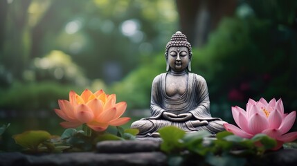Enlightenment Buddha Statue with Lotus Lily in Gentle Light